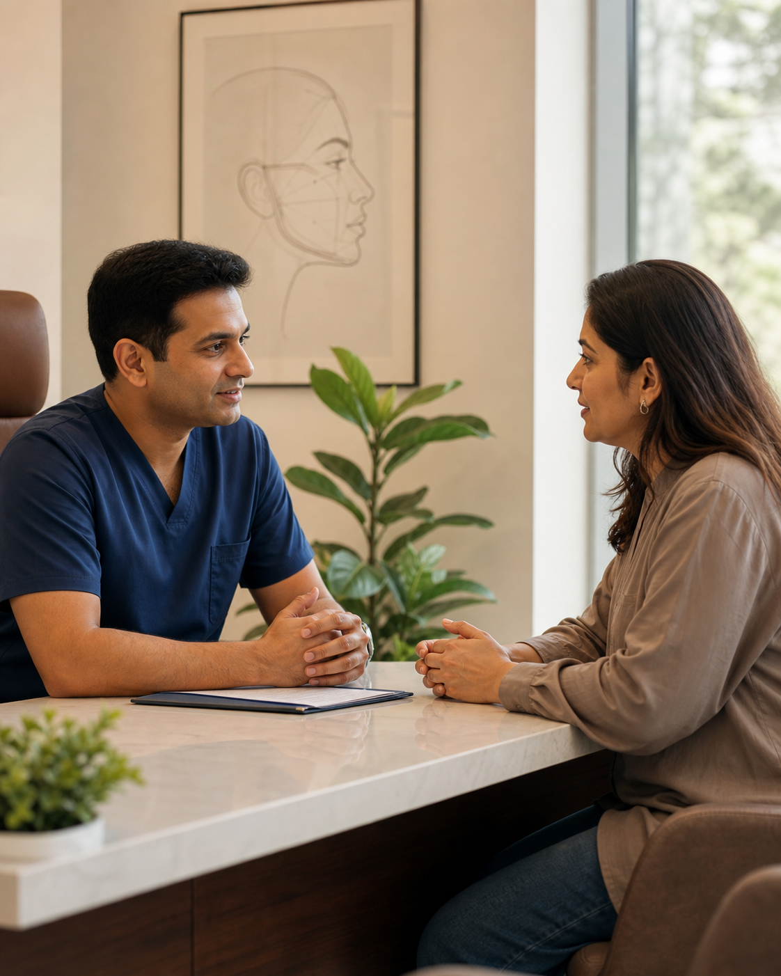Illustrative surgeon consultation in a private aesthetic clinic