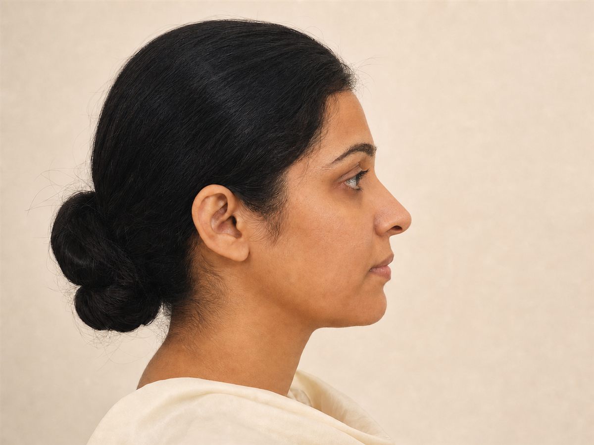 AI-generated illustrative after view of the same fictional rhinoplasty patient