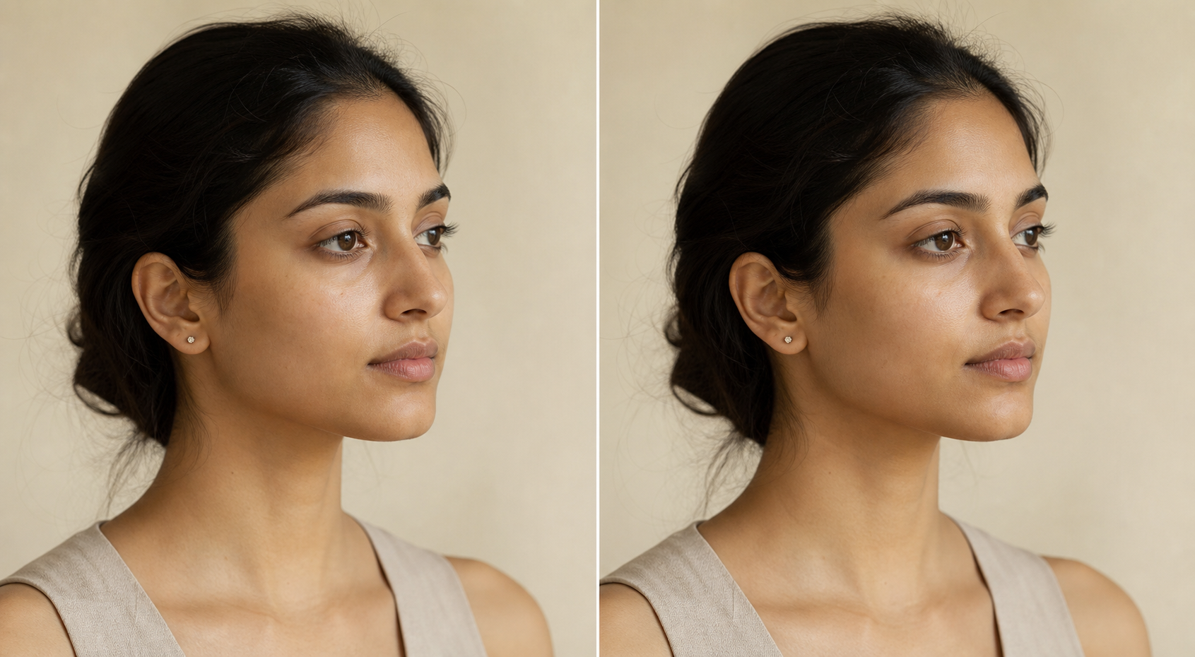 AI-generated illustrative before-and-after portrait of a fictional woman