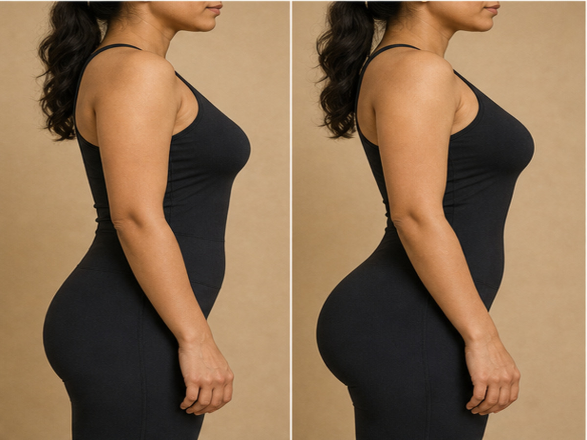 Fictional illustrative before-and-after Brazilian Butt Lift comparison — not a patient of this clinic