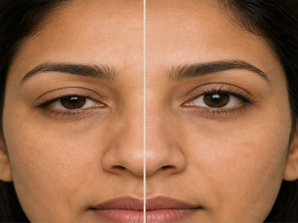 Fictional illustrative before-and-after Upper Blepharoplasty comparison — not a patient of this clinic