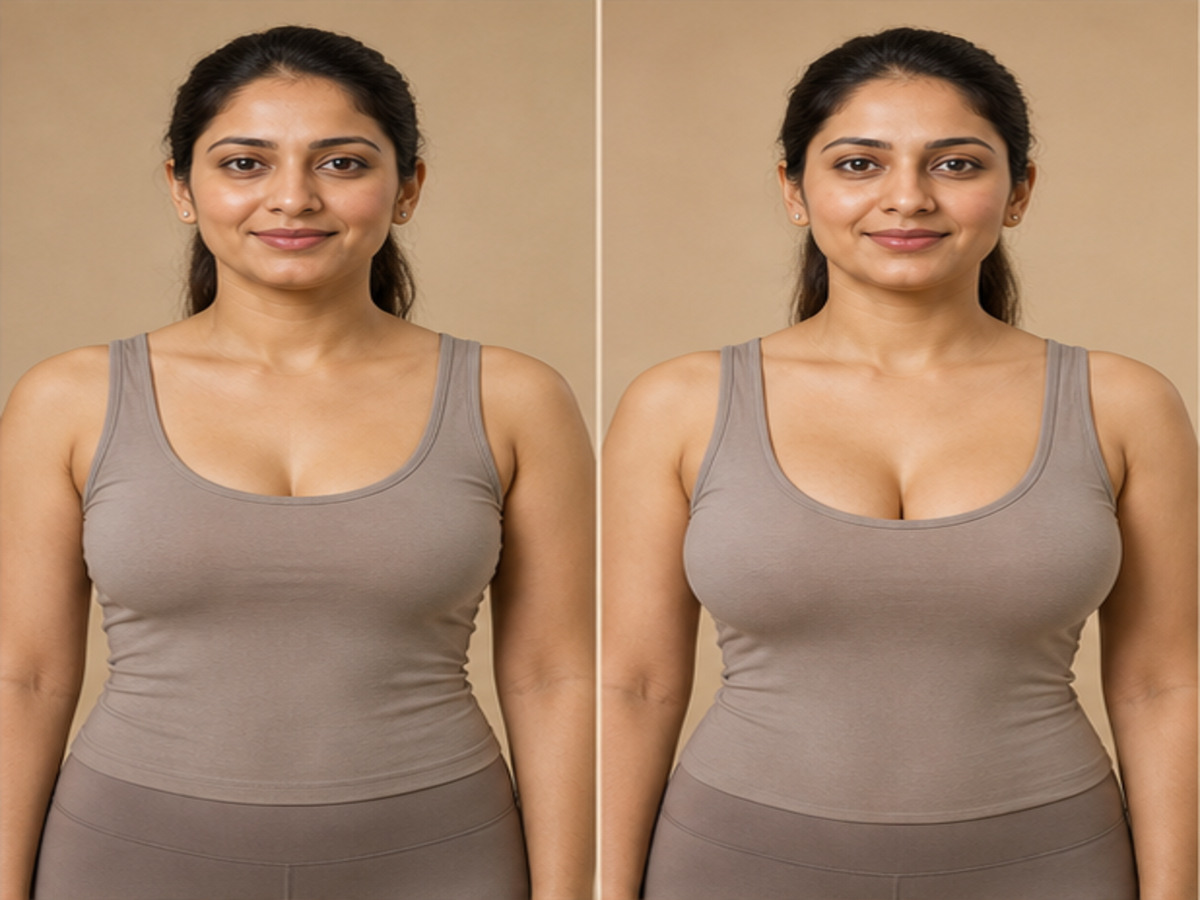 Fictional illustrative before-and-after Breast Augmentation comparison — not a patient of this clinic