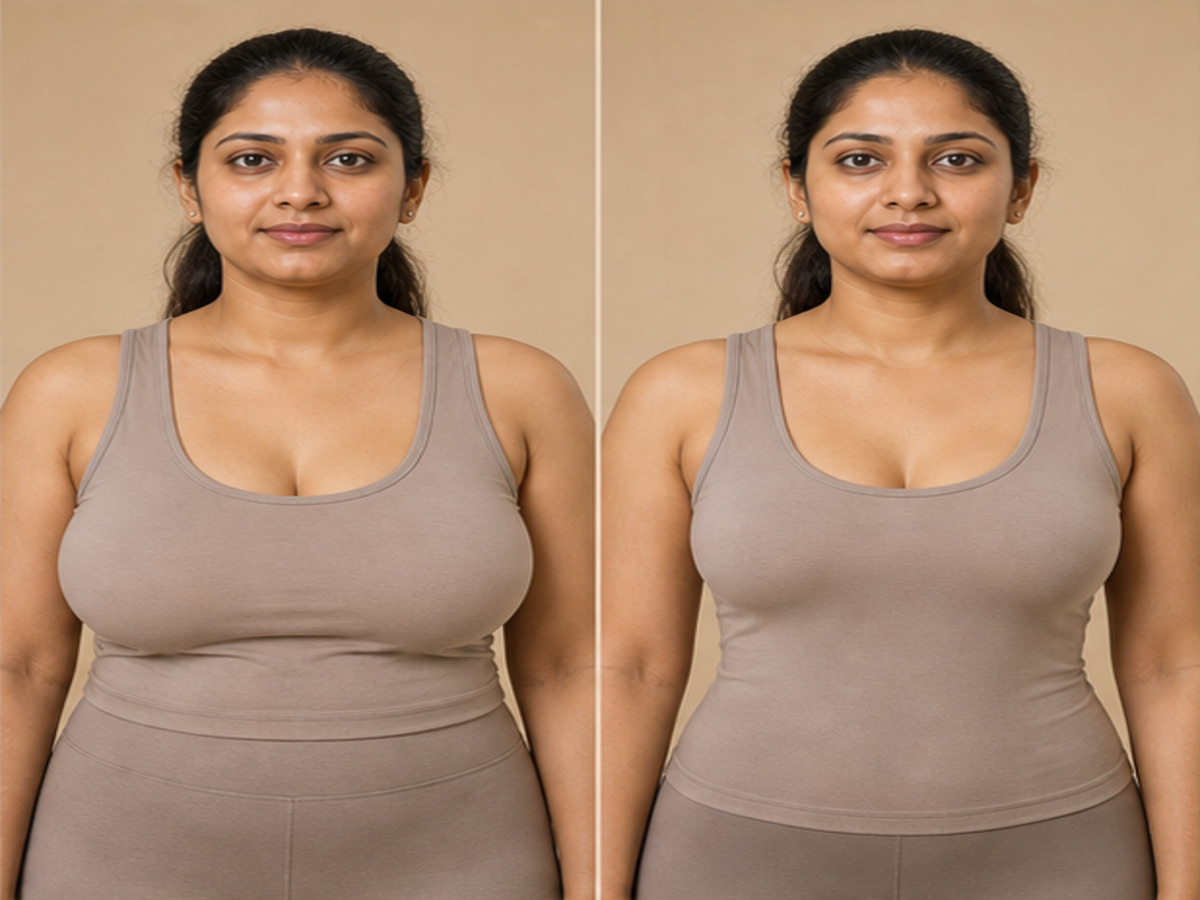 Fictional illustrative before-and-after Breast Reduction comparison — not a patient of this clinic