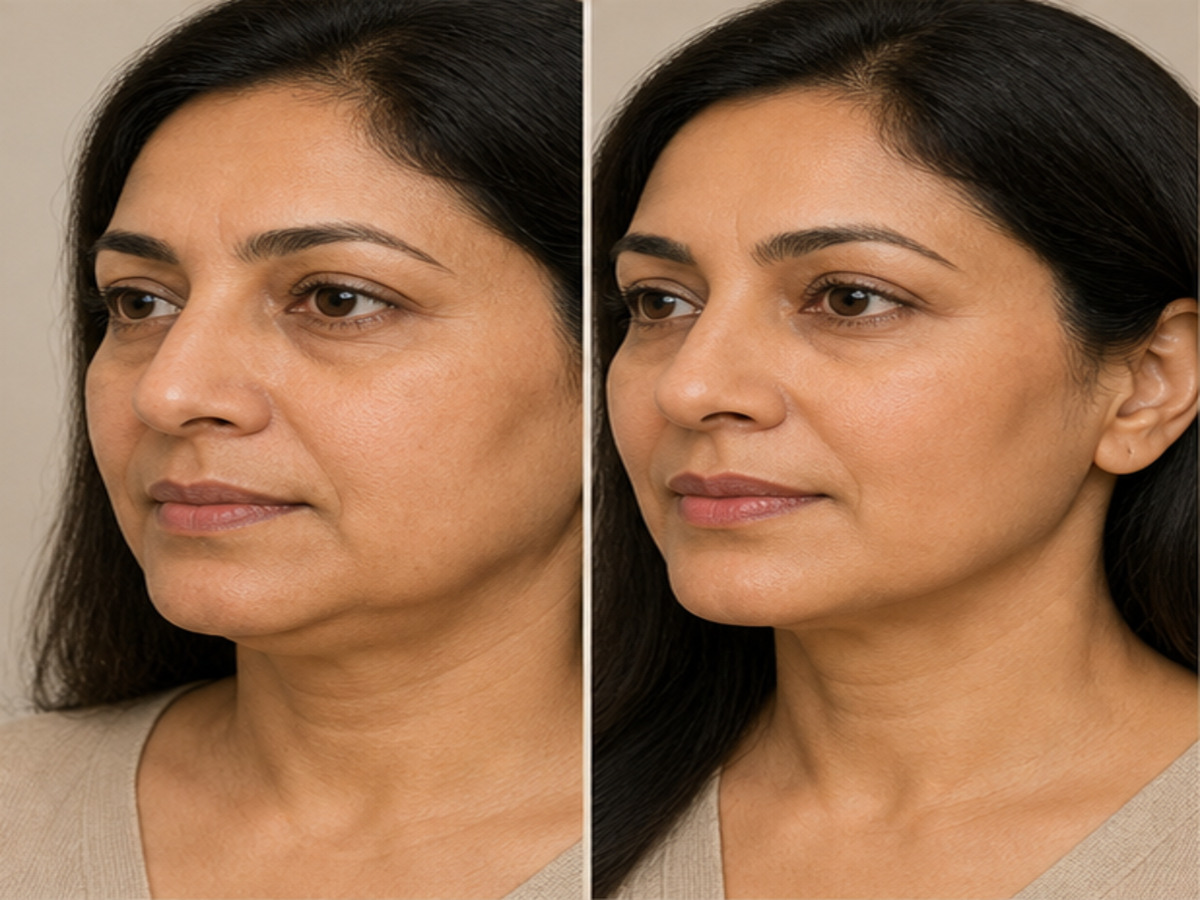 Fictional illustrative before-and-after Facelift comparison — not a patient of this clinic
