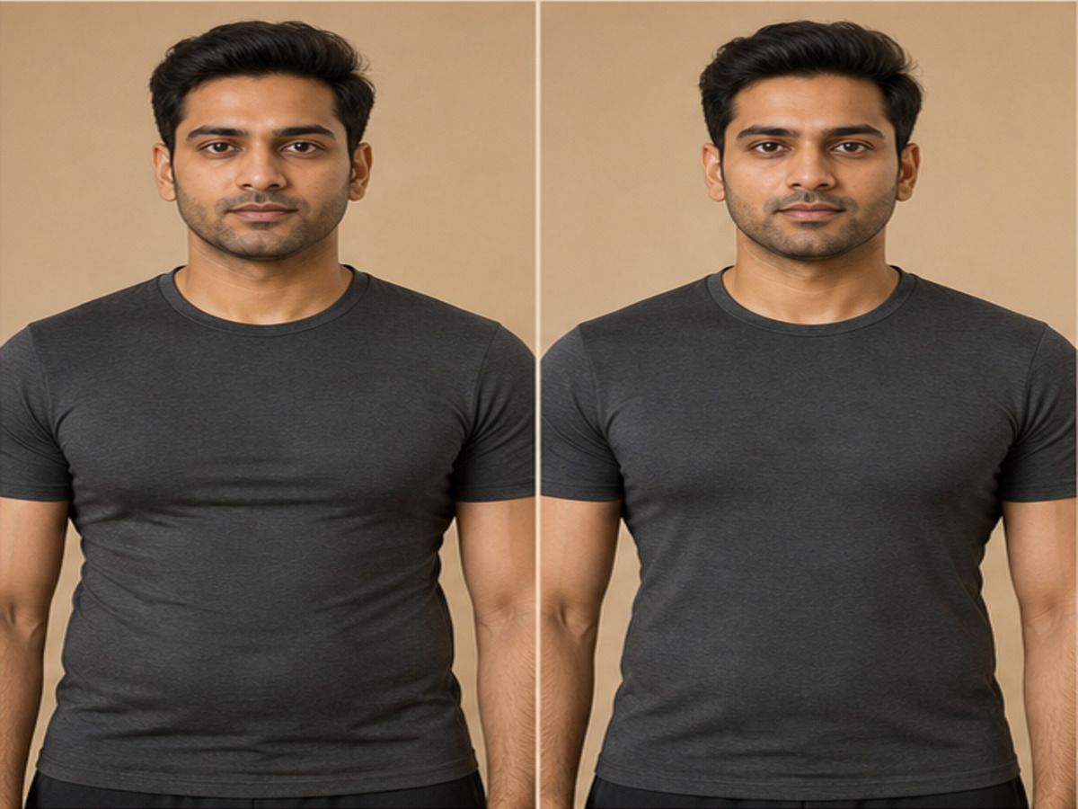 Fictional illustrative before-and-after Gynecomastia Surgery comparison — not a patient of this clinic