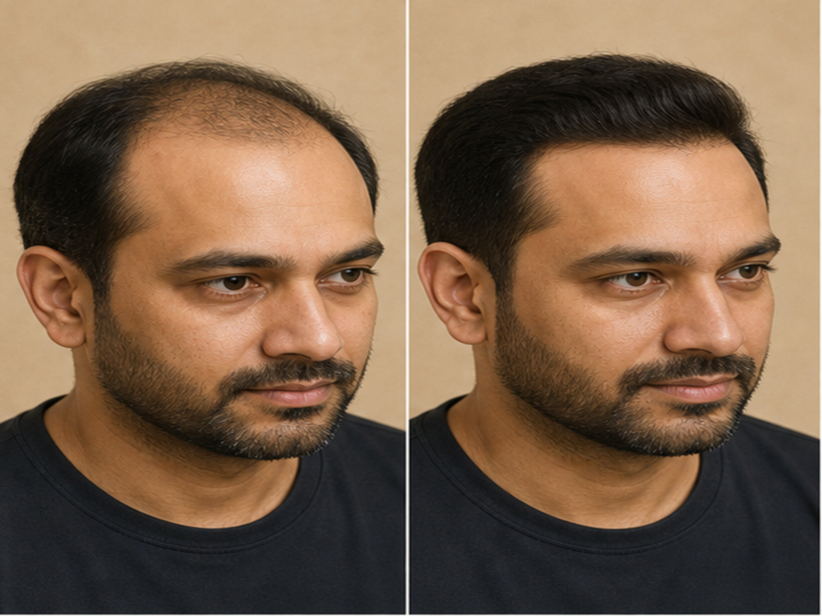 Fictional illustrative before-and-after Hair Transplant (FUE) comparison — not a patient of this clinic