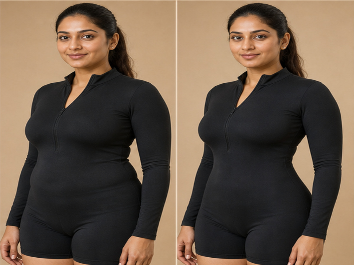 Fictional illustrative before-and-after 360 Liposuction comparison — not a patient of this clinic