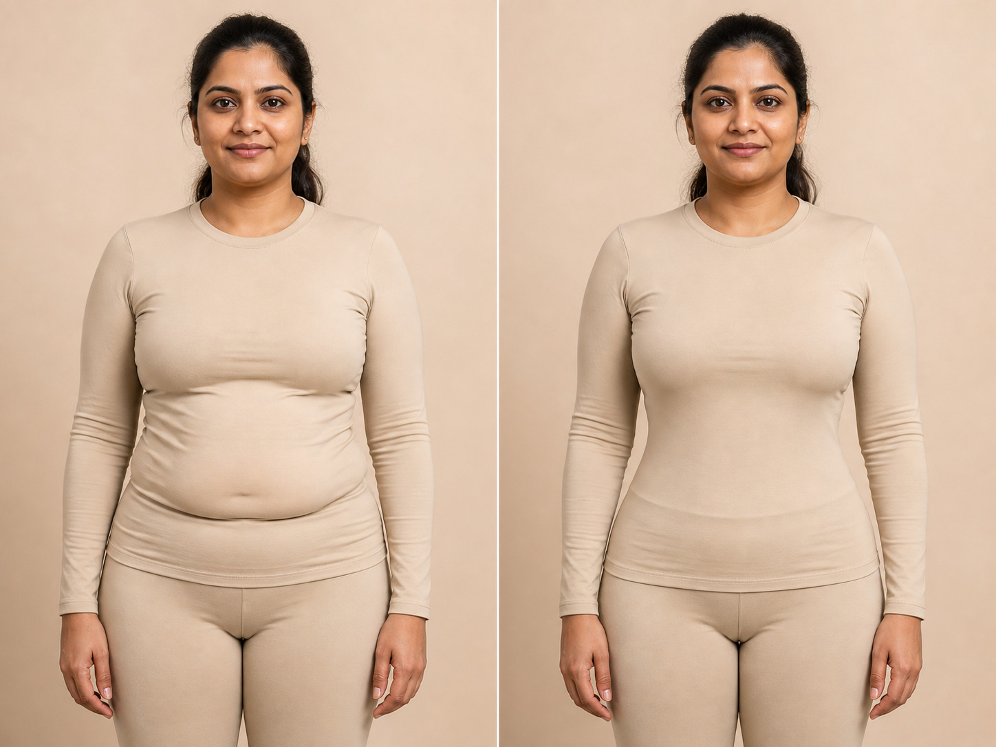 Fictional illustrative before-and-after Post Weight Loss Body Lift comparison — not a patient of this clinic