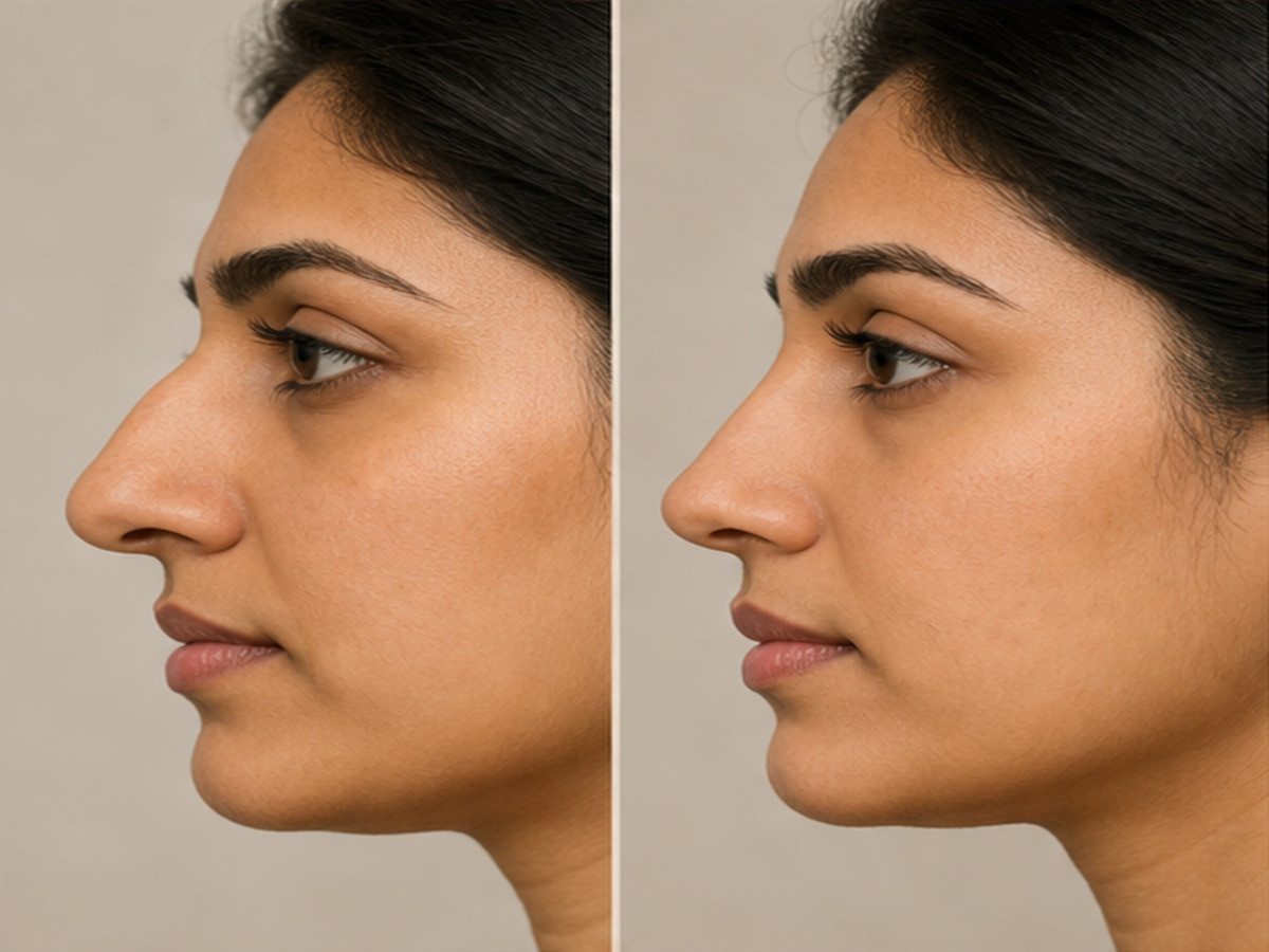 Fictional illustrative before-and-after Rhinoplasty comparison — not a patient of this clinic