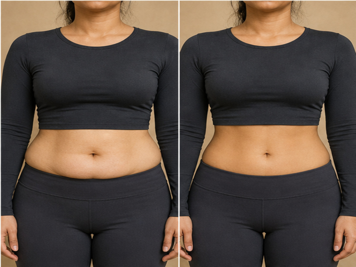 Fictional illustrative before-and-after Tummy Tuck comparison — not a patient of this clinic
